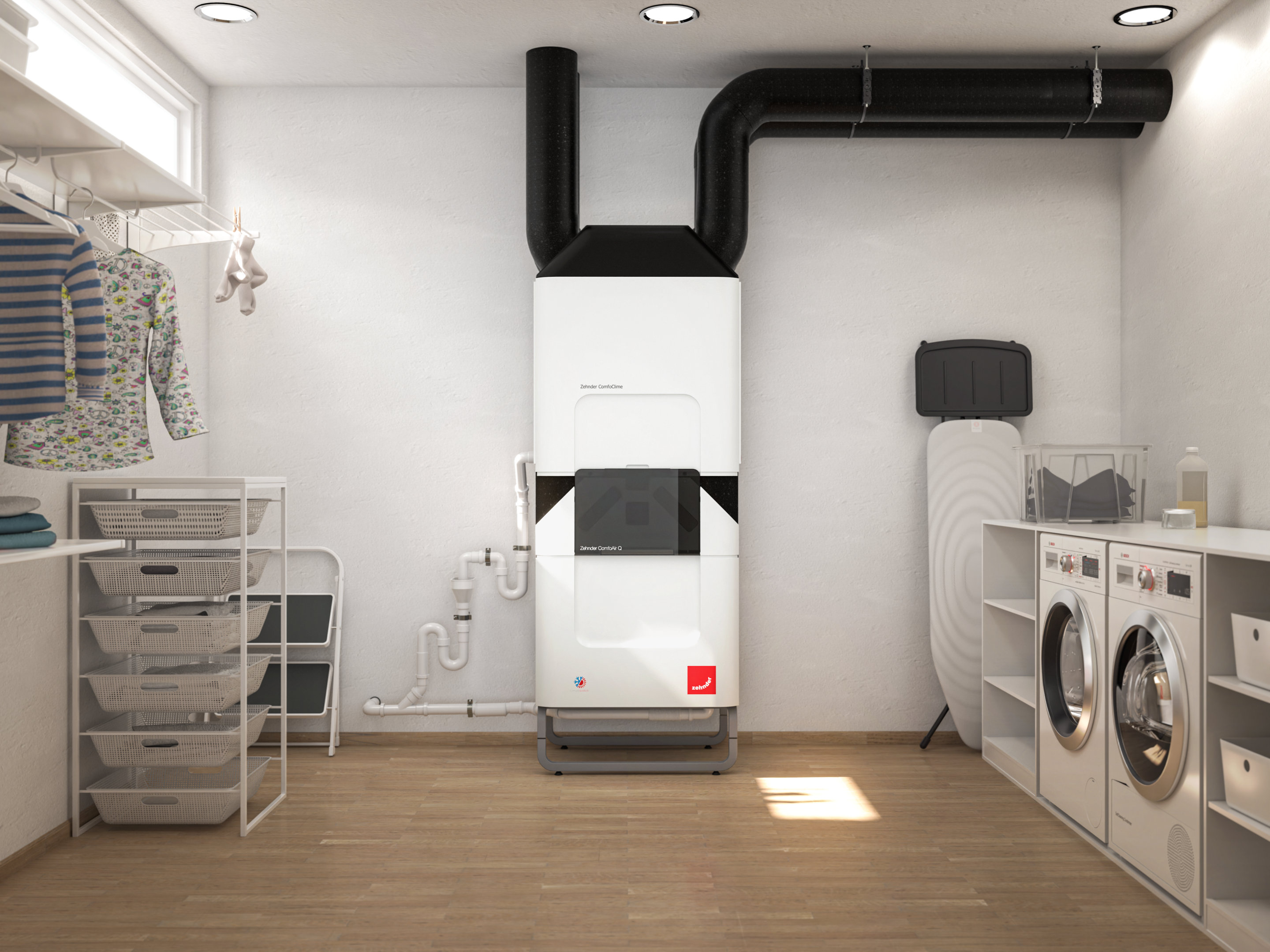 Zehnder_CSY_ComfoClime-ComfoAirQ-TR_basement_washingarea_Milieu Rozwiązanie chłodzące Zehnder ComfoClime
