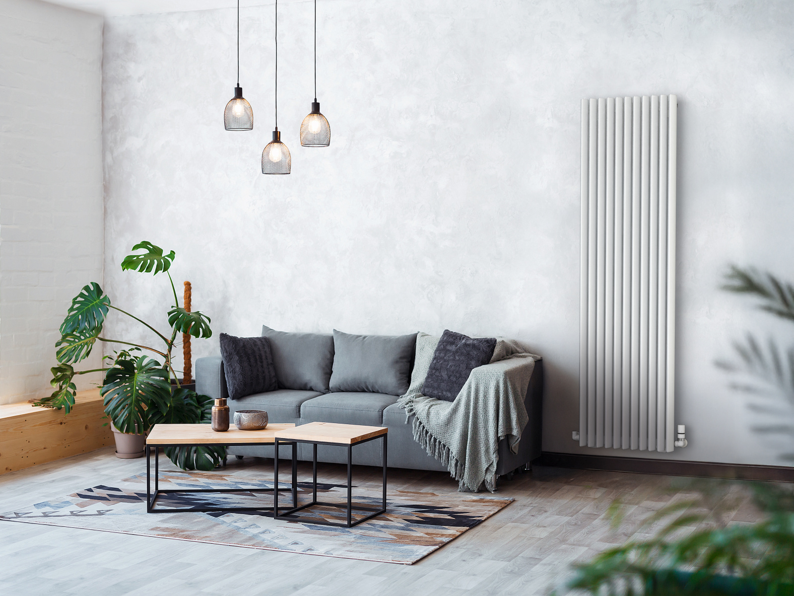 Zehnder_RAD_Kymaira_1800-490_ValveTypeF_SnowWhite_HY_Milieu-LivingroomGrey_Persp Rendering Zehnder Kymaira Decorative radiator Angled view