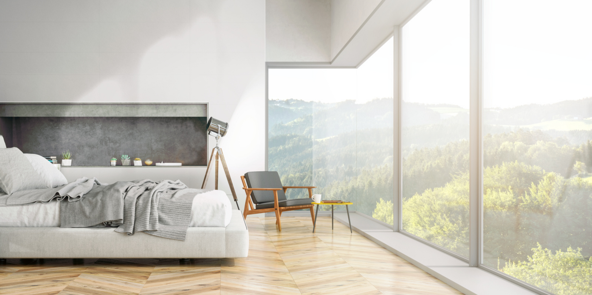 nowoczesne wnętrze sypialni z widokiem na naturę