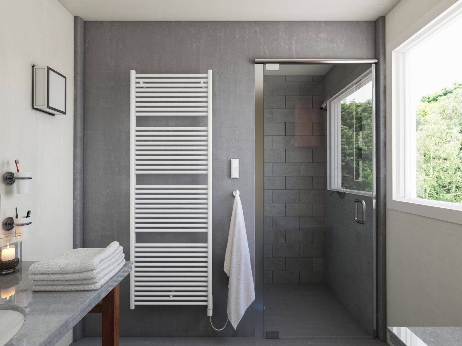 Zehnder_RAD_Toga-EL_IHD_TrafficWhite_milieu-bathroom Rendering Zehnder Toga Decorative radiator