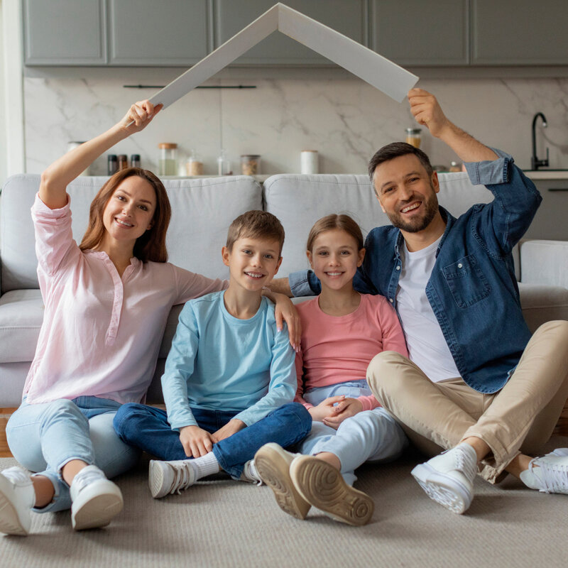 Symbolizing love and the importance of family and home, this european family forms a house shape expressing unity and affection