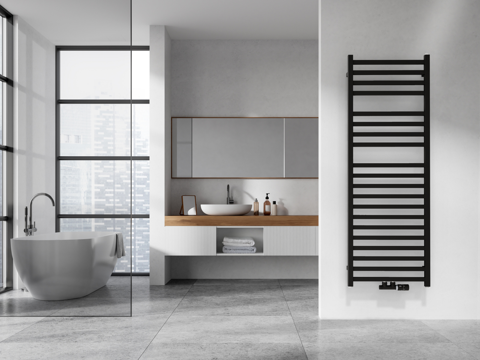 Zehnder_RAD_Vision_140-50_MiddleConection_Typ-P_BlackMatt_Milieu_Bathroom-PenthouseGrey Stock Content Zehnder Vision Decorative radiator Front view